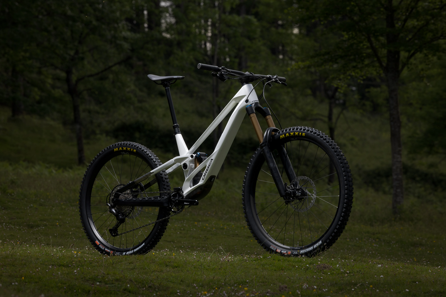 Orbea Rallon fulldempað enduro fjallahjól, hvítt á litinn og umkringt trjám