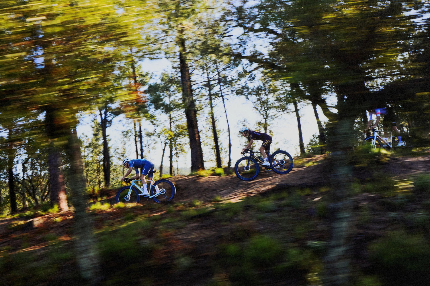 Þrír hjólakappar á fleygiferð á Orbea Terra Race hjólunum sínum í gegnum skóg